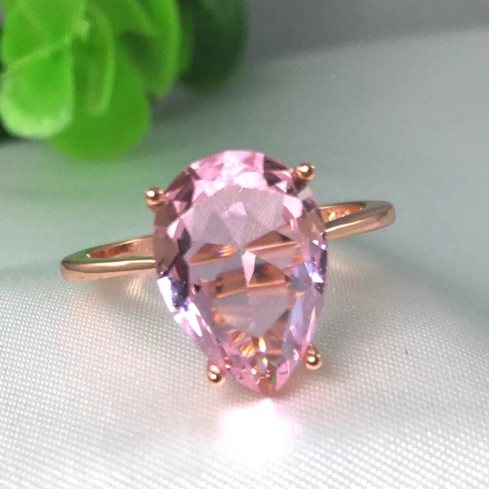 🌸NEW PINK SAPPHIRE 🌸RING PEARL CUT SAPPHIRE 14K  ROSE GOLD PLATED RING - Picture 3 of 6